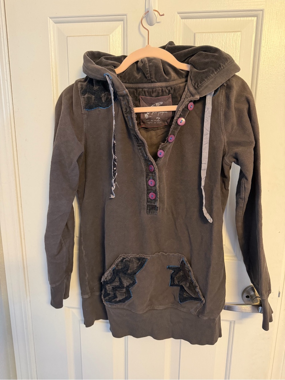 Free People Grey Hooded Pullover Sweatshirt with Purple Buttons